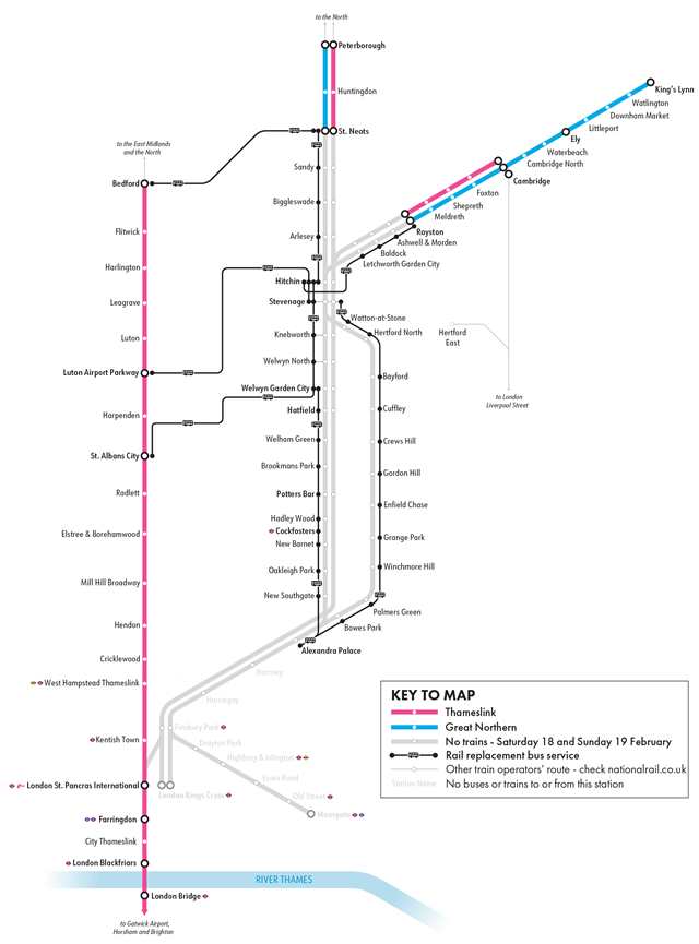 Map of Great Northern and Thameslink services on 18 and 19 February: Map of Great Northern and Thameslink services on 18 and 19 February