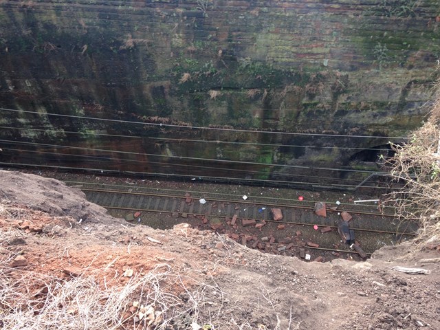 Debris on the line from the collapsed wall at Liverpool Lime Street