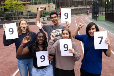 City Of London Academy Highbury Grove students celebrate their GCSE results. From left are Isabel, Neveah, Kevin, Lamya and Alex