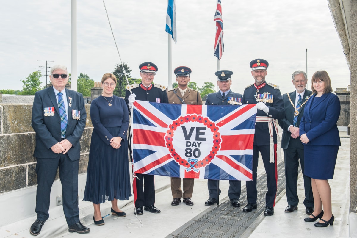 L-R: Cllr Peter Bloomfield, Armed Forces Champion; Cllr Kathleen Robertson, Council Leader; Lord-Lieutenant of Banffshire, Andrew Simpson; Lieutenant Subin Gurung, 39 Engineers Regiment; RAF Lossiemouth Station Warrant Officer Joe Mulholland; Lord-Lieutenant of Moray, Alistair Monkman CBE; Cllr John