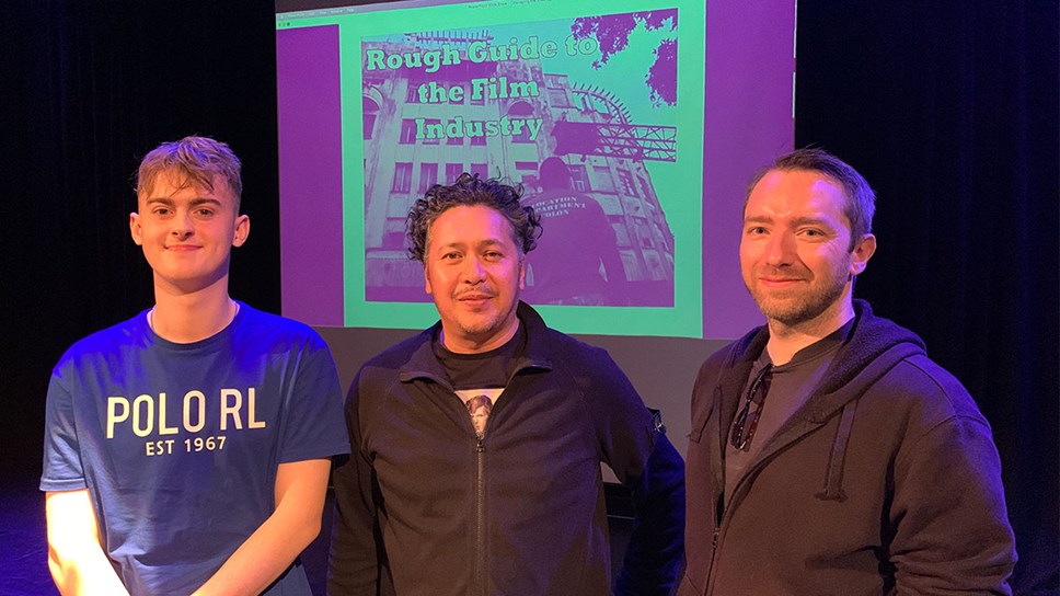 (l-r) Third-year Film and Television student Matthew Athroll; Honorary Fellow, former media student and now international senior location and production manager Mally Chung; first-year Film and Television student Andrew Carswell at Stanwix Theatre, Institute of Arts, Brampton Road, Carlisle - 15 May 2023