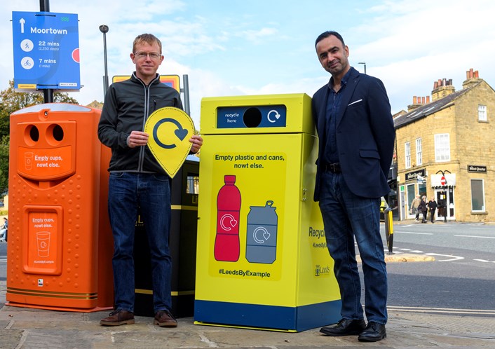 Image 1 Rob Greenland of Zero Waste Leeds with Executive Member Cllr Rafique and the recycling-on-the-go bins