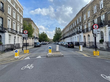 A traffic filter on Great Percy Street, part of the Amwell low-traffic neighbourhood