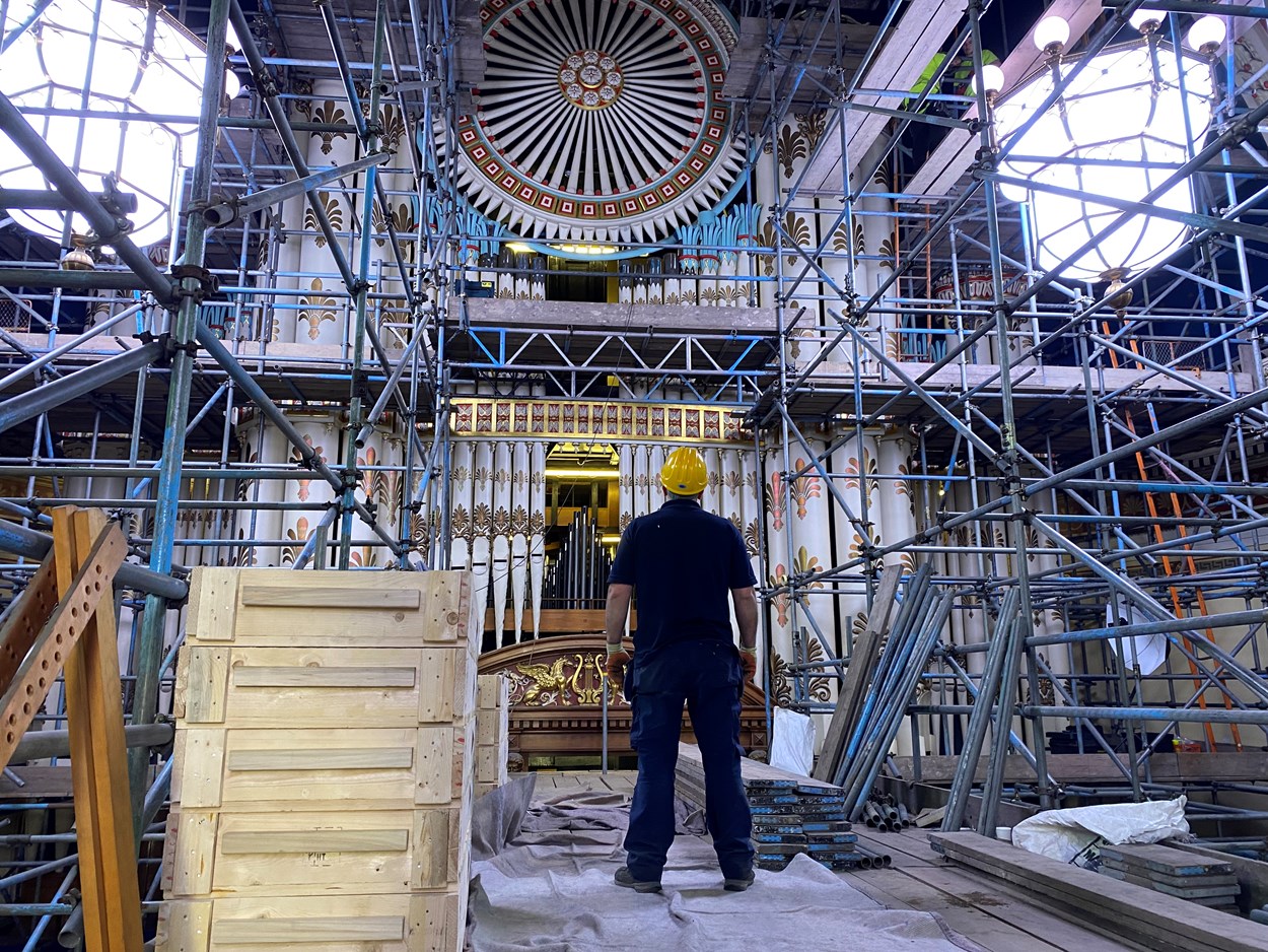 Leeds Town Hall organ project begins: Pipe organ specialists from Nicholson and Co. Ltd set up in Leeds Town Hall's magnificent Victoria Hall this week where they began erecting a complex network of scaffolding around the 50ft high organ before getting to work on the painstaking process of dismantling its impressive pipes and intricate inner workings.