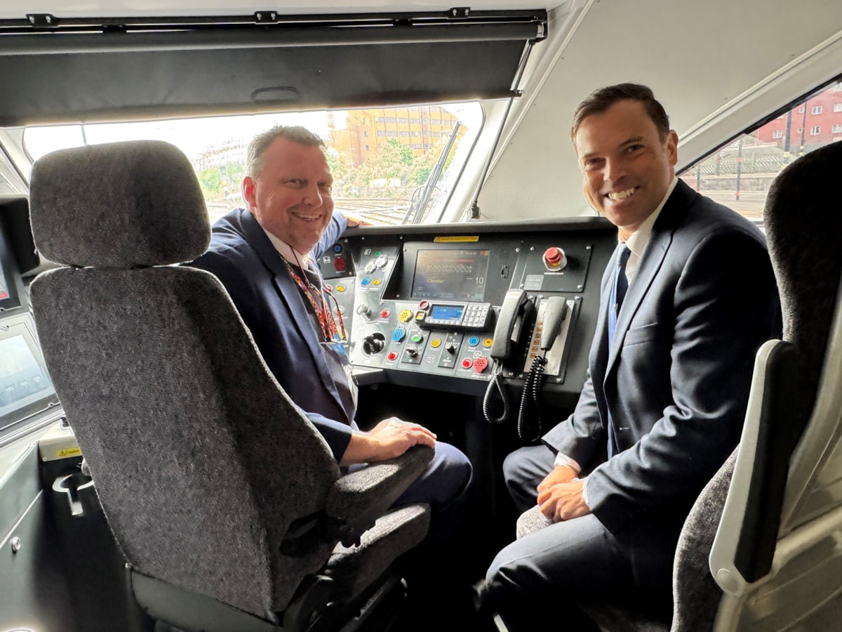 (Left to Right): Avanti West Coast train driver, Tim Brookes, and Cabinet Secretary for Transport and North Wales, Ken Skates, in driver's cab at Chester.
