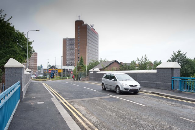 Albert Road bridge, Eccles: The first bridge to be rebuilt so that overhead power lines can be installed on the railway below.