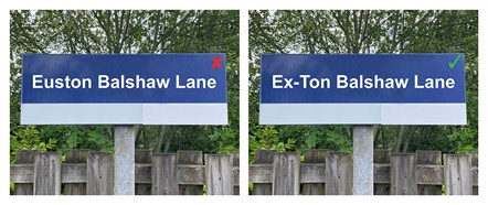 Image shows Euxton Balshaw Lane station sign mock-up