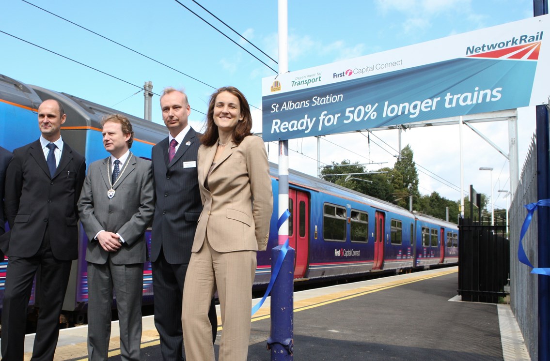 Transport minister marks completion of longer platforms at St Albans: From left to right: 
Andy Duffin, Network Rail programme director 
Cllr Beric Read, deputy mayor of St Albans 
David Statham, projects director, First Capital Connect 
Theresa Villiers MP, transport minister