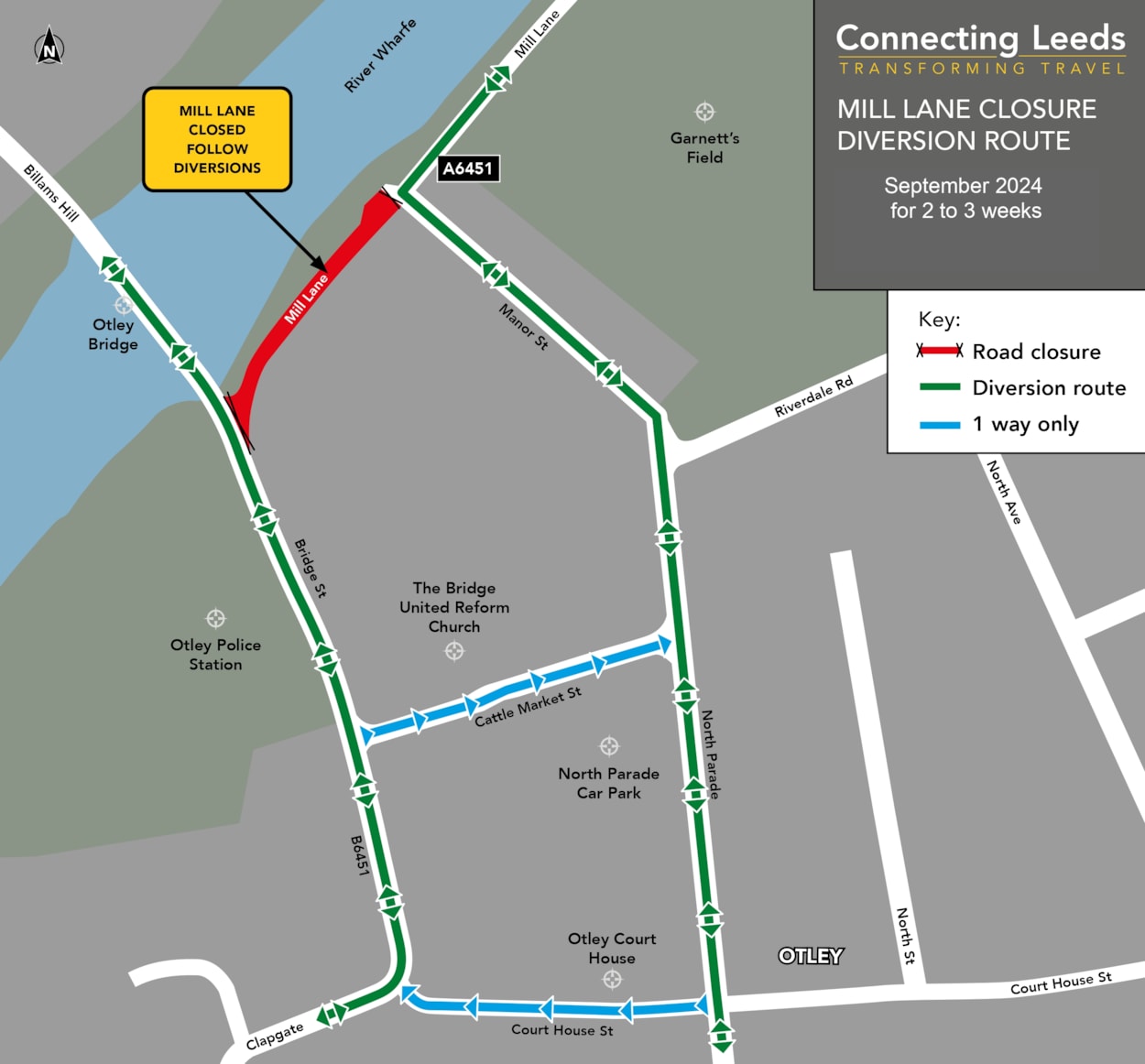 Otley Mill Lane closure and diversion September 2024