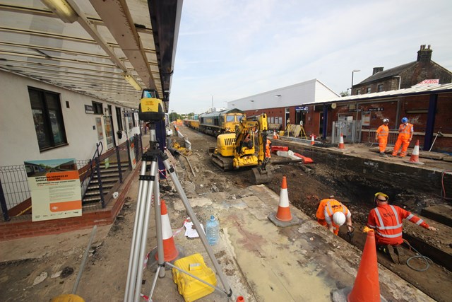 Engineers work to upgrade the platform and track at Chorley station