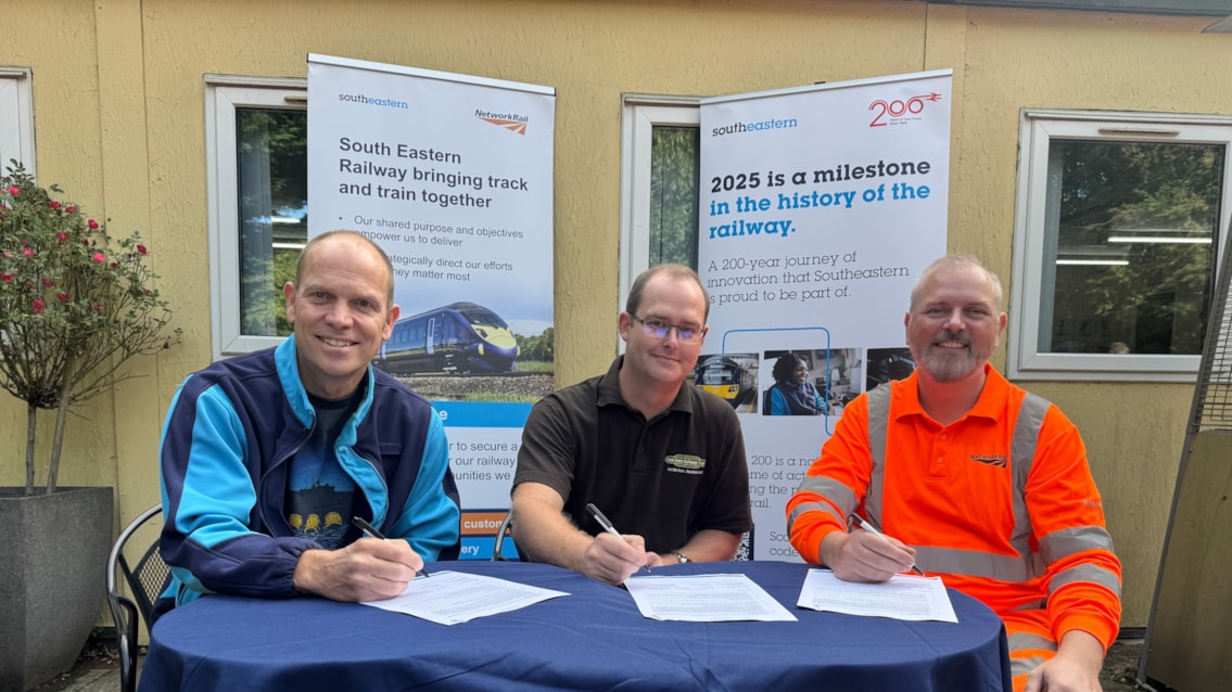 First-of-a-kind agreement between the South Eastern Railway and East Kent Railway will work towards re-introduction of freight trains: Paul Barlow, South Eastern Railway; Matthew Plews, East Kent Railway Trust; David Davidson, South Eastern Railway-2