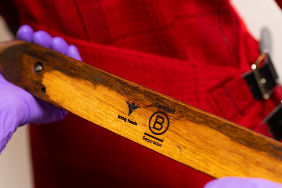 An antique boat shuttle from Prickly Thistle, laser engraved with the B Corp Certification mark which the company was awarded in 2021. Credit - Duncan McGlynn