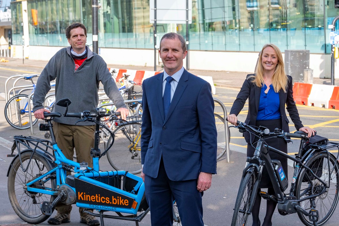 Cabinet Secretary Michael Matheson , Ben Cooper from Kinetics and Ellie Grebenik from Energy Saving Trust