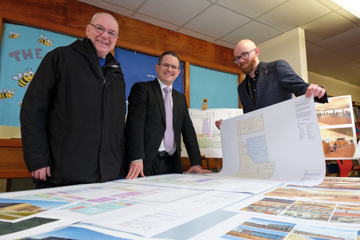 Local member Cllr John McGhee with Head Teacher John Stuart and project design lead Andrew Clark