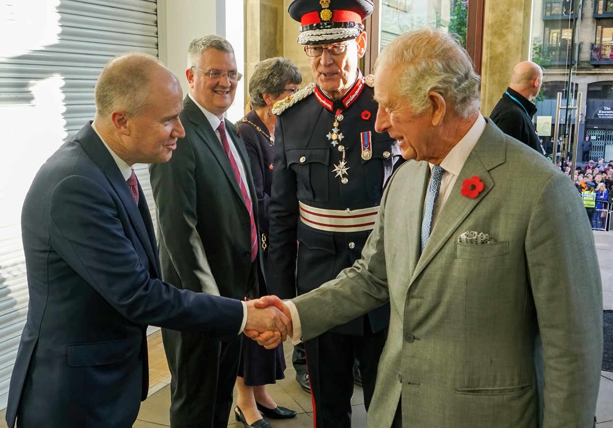 Royal visit: His Majesty The King was welcomed to the library today by The Lord Mayor of Leeds, Councillor Robert W Gettings MBE JP, Councillor James Lewis, leader of Leeds City Council and Tom Riordan, the council’s chief executive.
