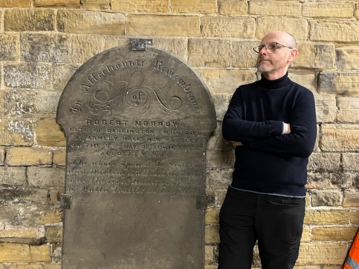 Robert Morrow's grave: During recent renovation work at Leeds Industrial Museum in Armley, curators happened upon the beautifully carved gravestone of Robert Morrow, more than 160 years after his death in nearby New Wortley. Curator John McGoldrick is picture here with the headstone.