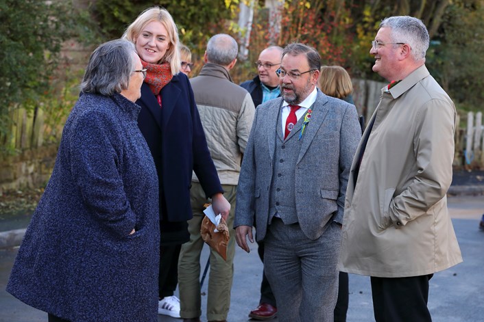 sugarhill2: Councillor James Lewis, leader of Leeds City Council, and Councillor Jess Lennox, the council's executive member for housing, meet local campaigners at the Sugar Hill Close and Wordsworth Drive ground-breaking event.