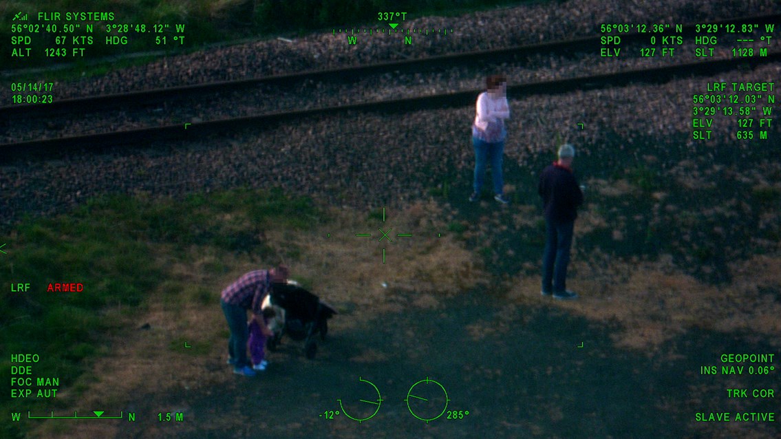Helicopter - Family Day out - pixelated v1: Bringing pushchairs and children onto railway land next to a live track is not recommended.