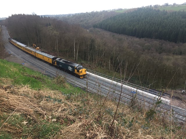 A Network Rail test train travels through Eden Brows ahead of the line reopening