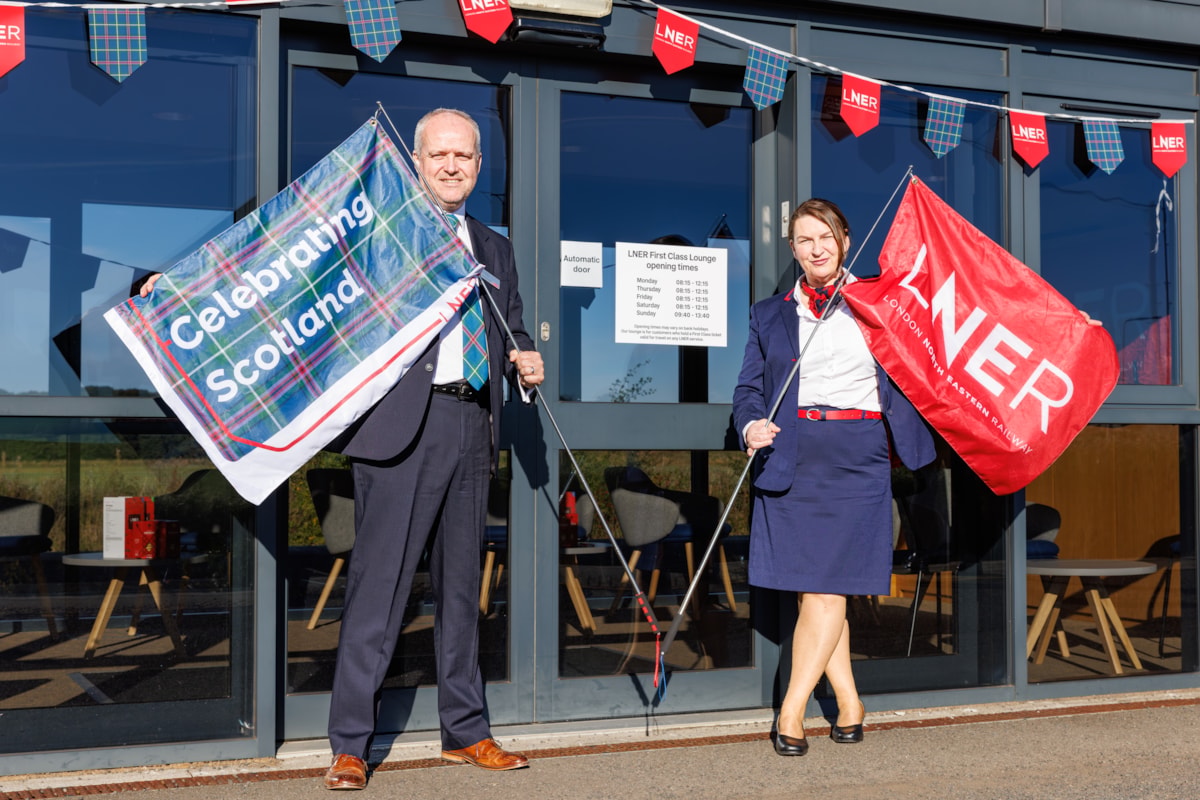 LNER colleagues at the entrance to the Leuchars First Class Lounge, LNER