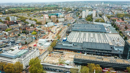 Aerial of the HS2 construction site with Euston Station (right)