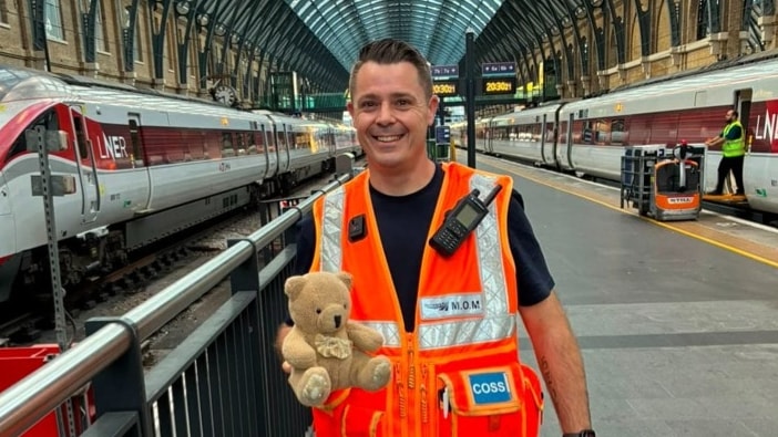 The bear necessities: Trackside rescue reunites Honey Bear and her family: Mobile operations manager Jonathan Smith with the teddy at KX
