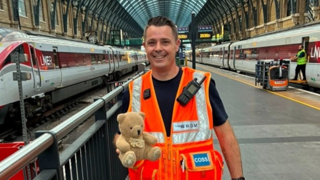 The bear necessities: Trackside rescue reunites Honey Bear and her family: Mobile operations manager Jonathan Smith with the teddy at KX