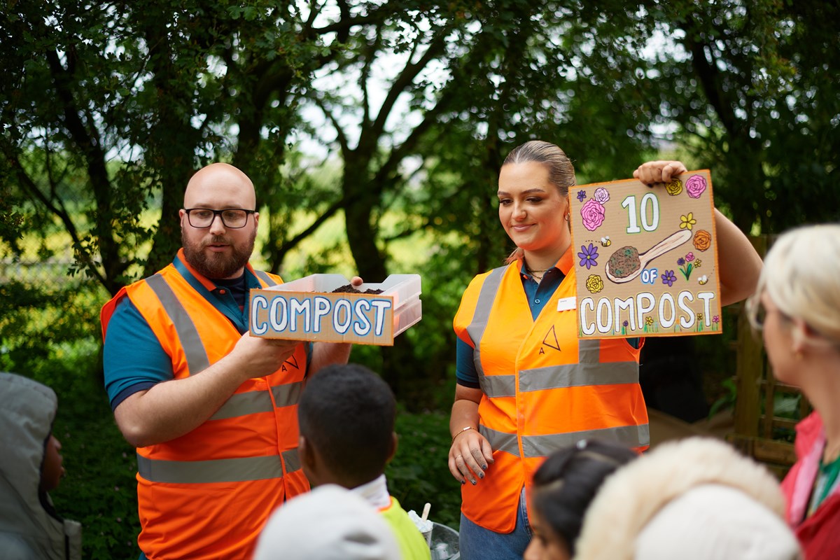 L - R: Avanti West Coast Community and Sustainability Champions, Jordan Pitt and Amelia Bateman, teach pupils how to make bee bombs