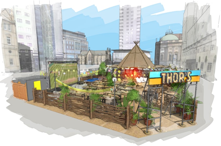 City Square summer: Artist's impression of how the new Thor's Tipi on City Square will look with summer.
The square, which has been transformed by one of the city’s most ambitious ever transport projects, will be the setting for a brand new Thor’s Tipi bar, monthly artisan market and a line-up of family-friendly activities as well a big screen showing some of the season’s biggest sporting highlights.