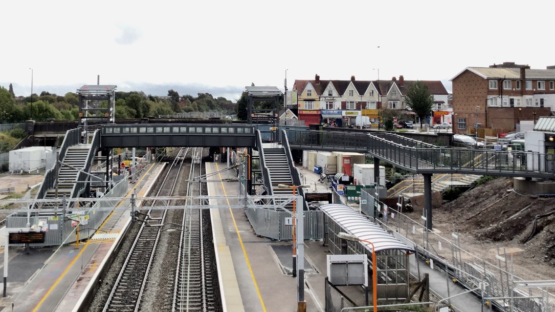 Stechford station has ‘lift off’: accessibility transformation reaches major milestone: Panoramic view of the partially built new footbridge at Stechford station - October 2019