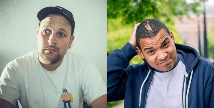 Polarbear (photo by Curtis Brown) and Testament (photo by Humans of Leeds): Two photographs of two different men. One man is wearing a cap and the other is touching his head.