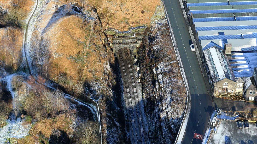 One week until railway closure for essential Summit Tunnel track upgrade: Summit Tunnel aerial image Calderbrook end winter 3