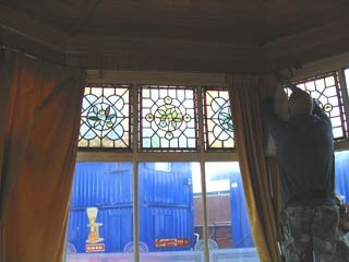 Stalybridge buffet bar - removal of the old windows: Removal of stained glass windows