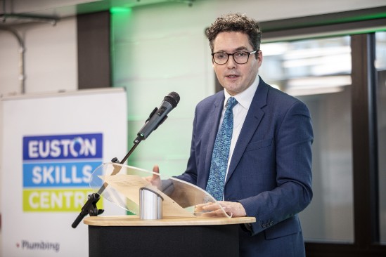 HS2 Minister Huw Merriman giving speech at Euston Skills Centre opening Feb 2024: The Euston Skills Centre has been built by HS2 Ltd's Euston Station Construction partner for Camden Council. It opened in January 2024 taking students from the local area.