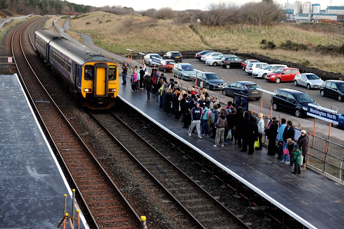 Workington North platform: Passengers using the temporary station