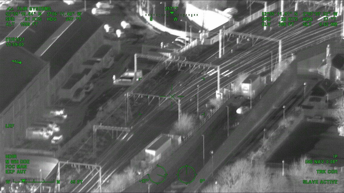 Aerial thermal image showing heated points on approach to Wolverhampton station - Credit: Network Rail Air Operations team