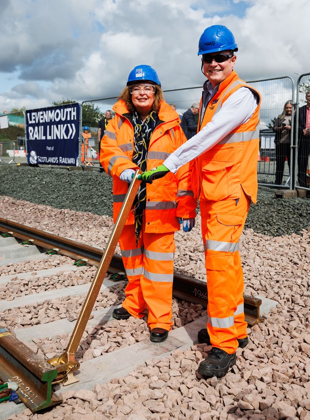 Fiona Hyslop and Alex Hynes at Levenmouth track completion: Fiona Hyslop and Alex Hynes at Levenmouth track completion