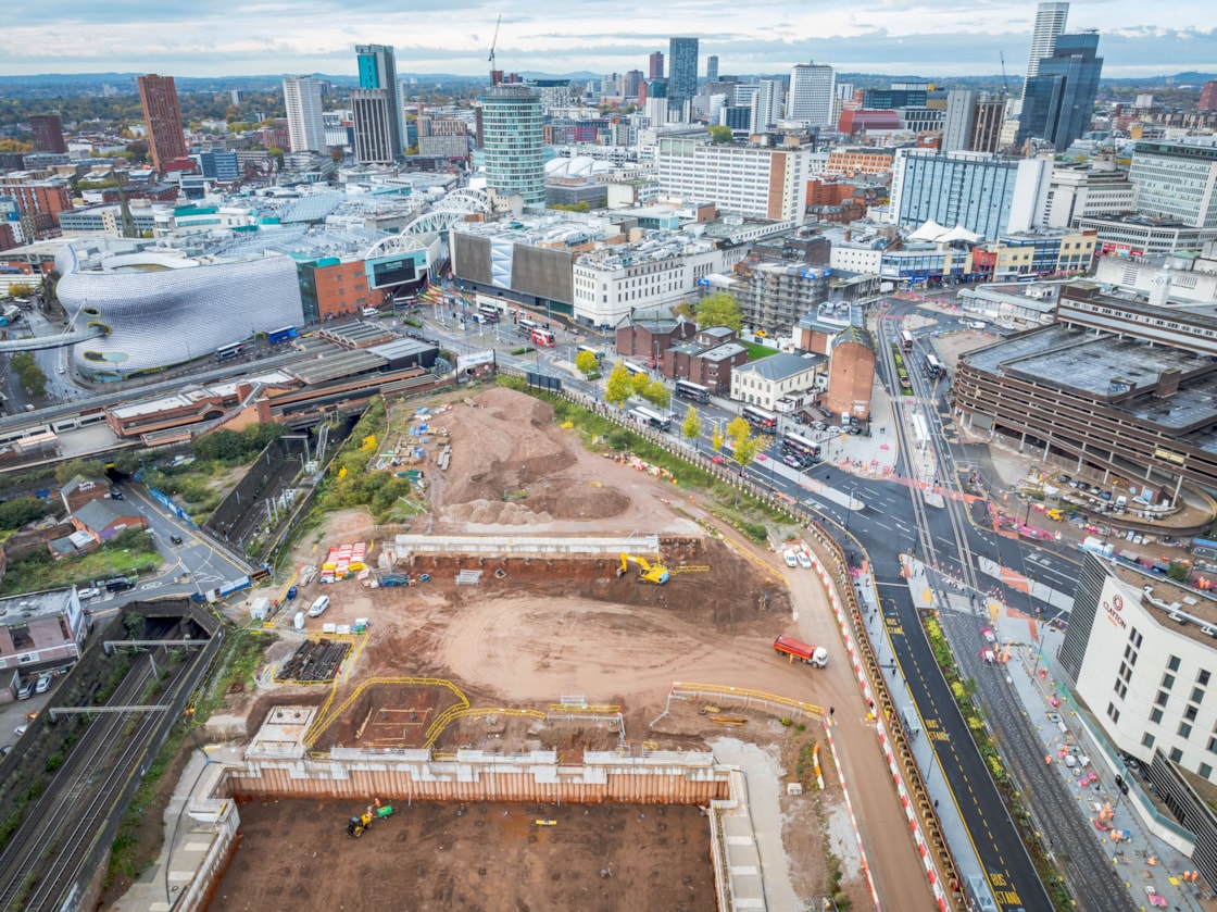 Aerial view of the front of the Curzon Street station site looking towards the city centre Nov 2025