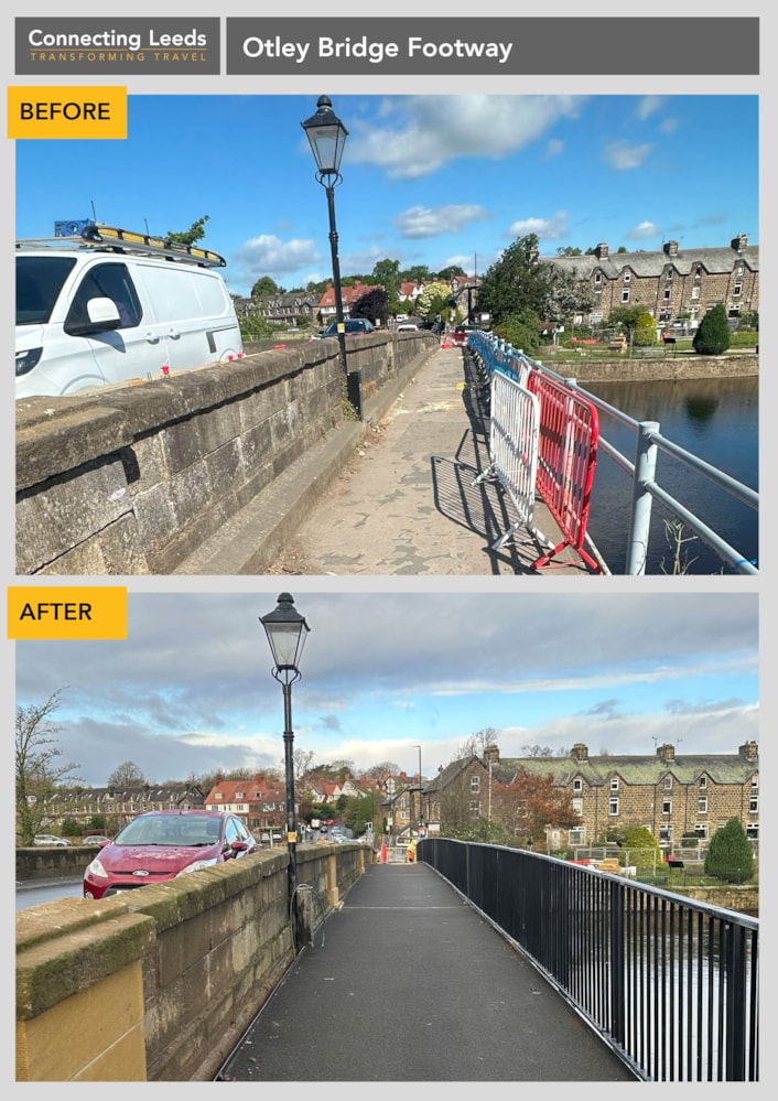 Otley Bridge footway before and after A4: Otley Bridge footway before and after construction Nov 2025