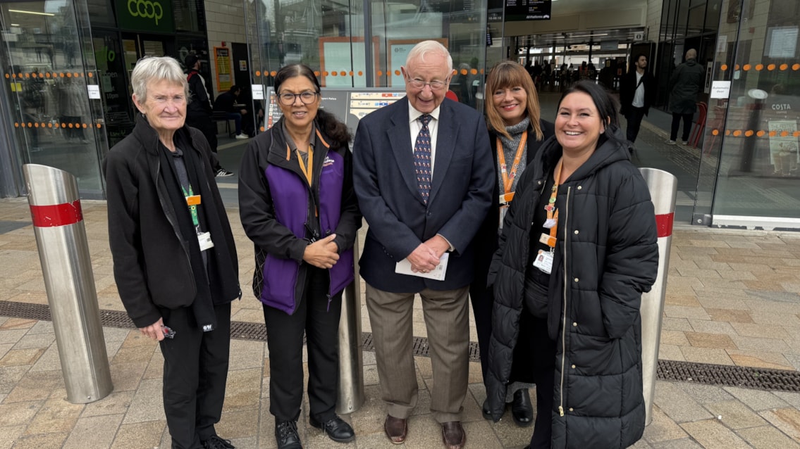 Retired train announcer returns to Wolverhampton station:  Carole Farrington, customer service assistant retail; Savita Patel, announcer; Paul Matthews, retired announcer; Teresa Woodward, area station manager; Samantha Passmore, customer experience manager
