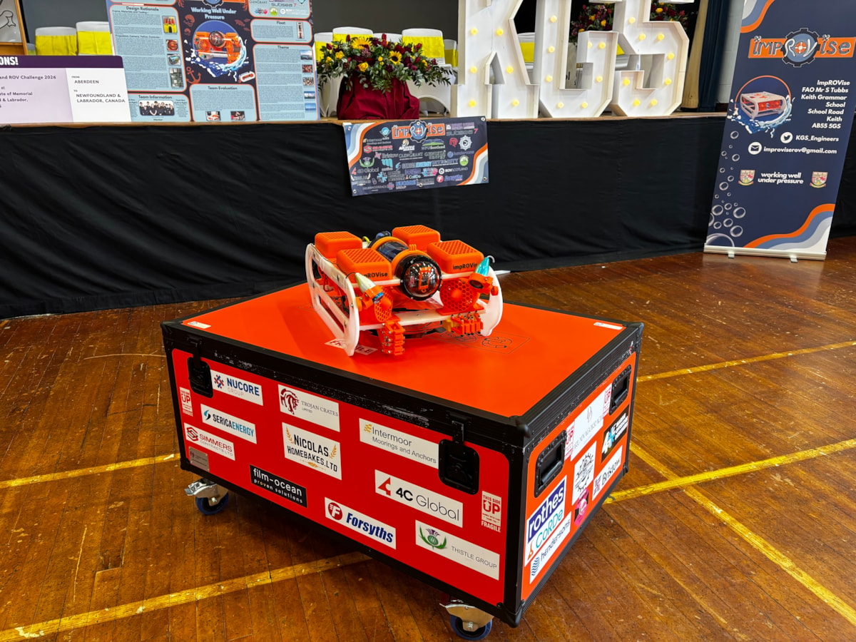 Keith Grammar's custom-built remotely operated vehicle (ROV) sits on its transport crate.