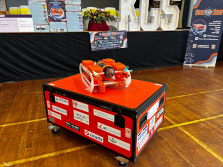 Keith Grammar's custom-built remotely operated vehicle (ROV) sits on its transport crate.