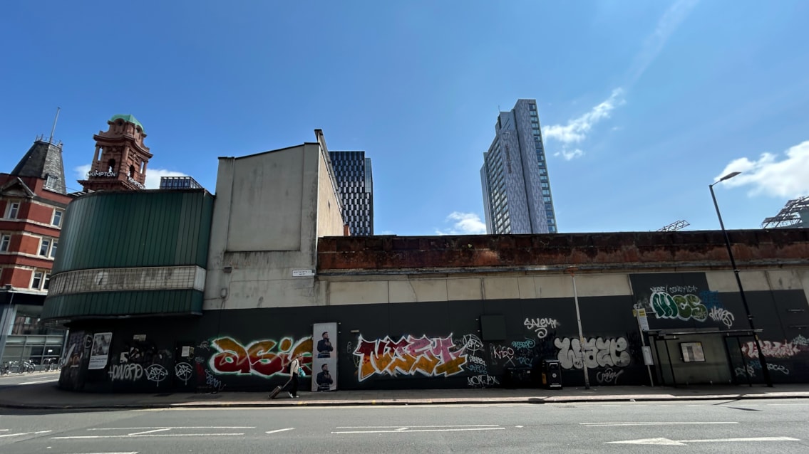 A wider view of the Screen One building outside of Manchester Oxford Road station