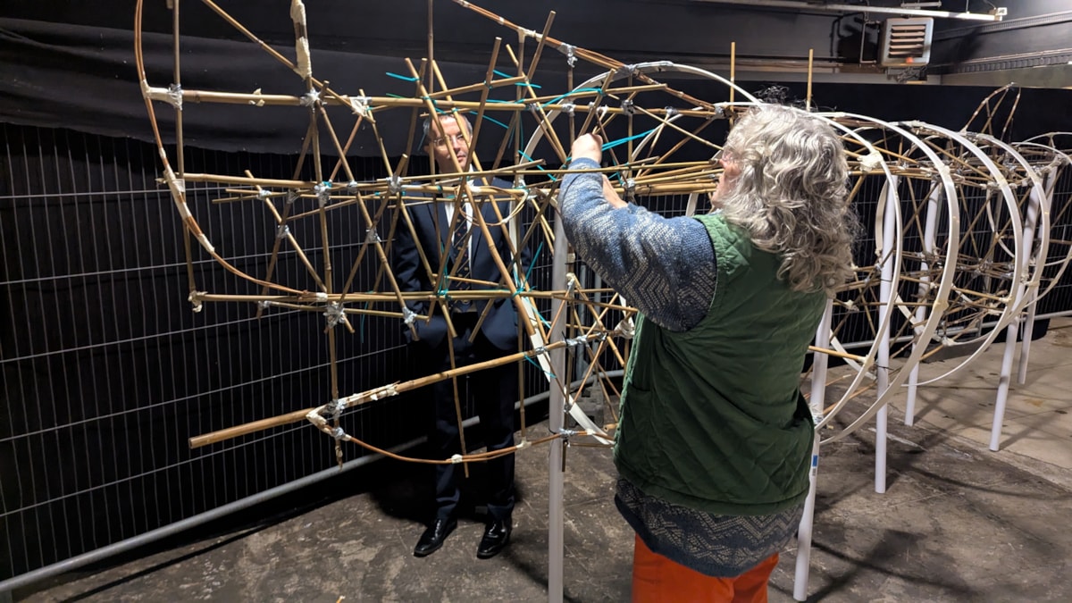 Donna Campbell working on the frame of the whale-2