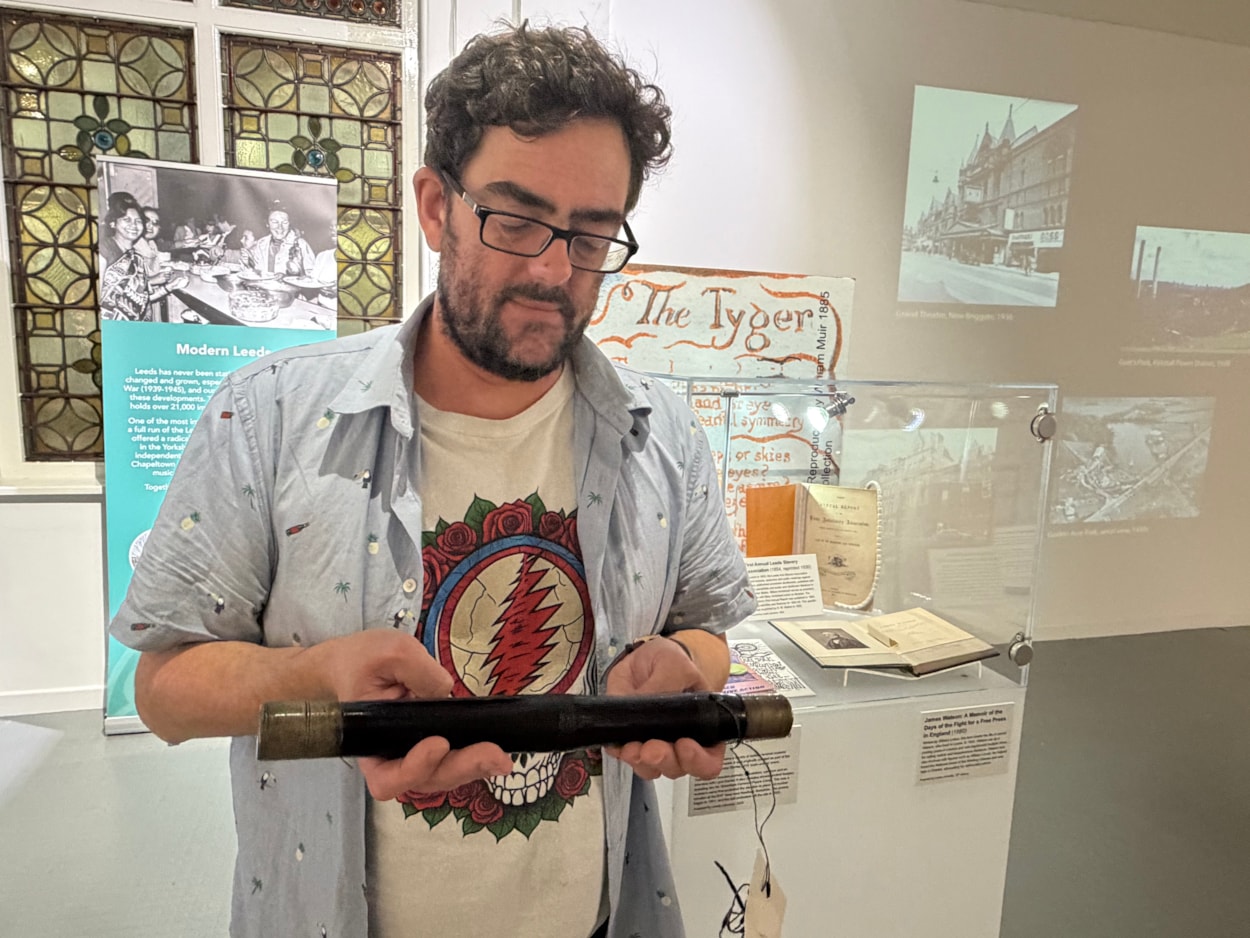 City Library Leeds 400: Also on display, held here by Antony Ramm, is a truncheon used by a police constable at the time of the Chartist Riots of 1842, a wave of protest, industrial unrest and strikes sparked by Parliament’s rejection of a petition for social reform.