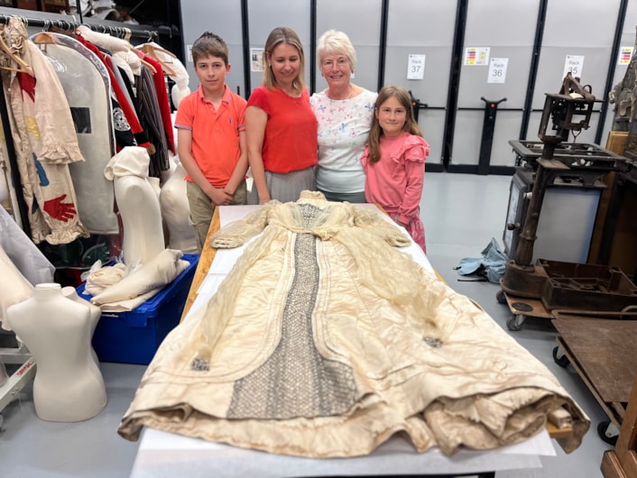 Lily Cathcart wedding dress: The descendants of Leeds schoolmistress Lily Cathcart travelled to the Leeds Discovery Centre this week, where they viewed their precious family heirloom, donated to the museum by Lily’s daughters Bessie, Jean and Isabel in the early 1970s.
L-R is Lily’s great, great grandson Alexander Bromley, Christina Bromley, Jennifer Slater and Emmeline Bromley, whose namesake Emmeline Pankhurst was one of the leading lights of the Suffrage movement.