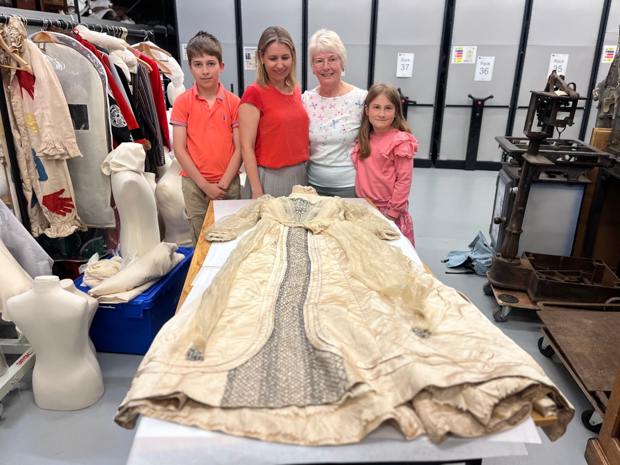 Lily Cathcart wedding dress: The descendants of Leeds schoolmistress Lily Cathcart travelled to the Leeds Discovery Centre this week, where they viewed their precious family heirloom, donated to the museum by Lily’s daughters Bessie, Jean and Isabel in the early 1970s.
L-R is Lily’s great, great grandson Alexander Bromley, Christina Bromley, Jennifer Slater and Emmeline Bromley, whose namesake Emmeline Pankhurst was one of the leading lights of the Suffrage movement.