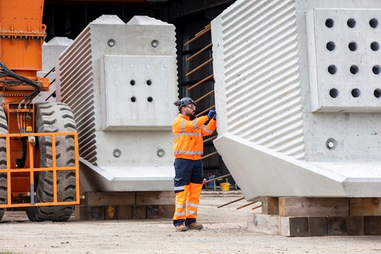 SPacadar UK staff inspecting a completed pier for the Thame Valley Viaduct at the factory May 2023