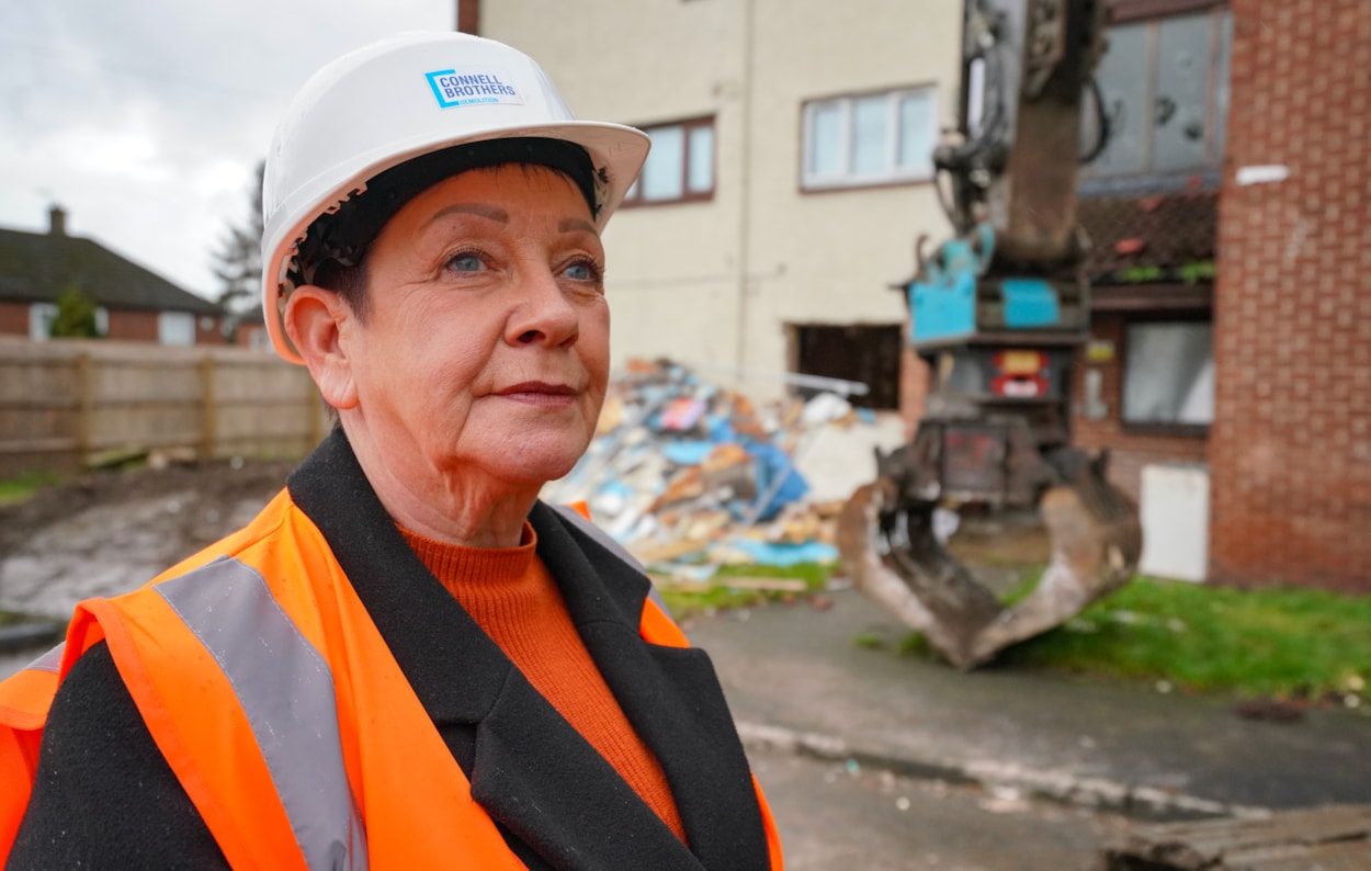 Kingsdale 4: Councillor Mary Harland, Leeds City Council’s executive member for housing, at the former Kingsdale Court flats complex in Seacroft, Leeds.