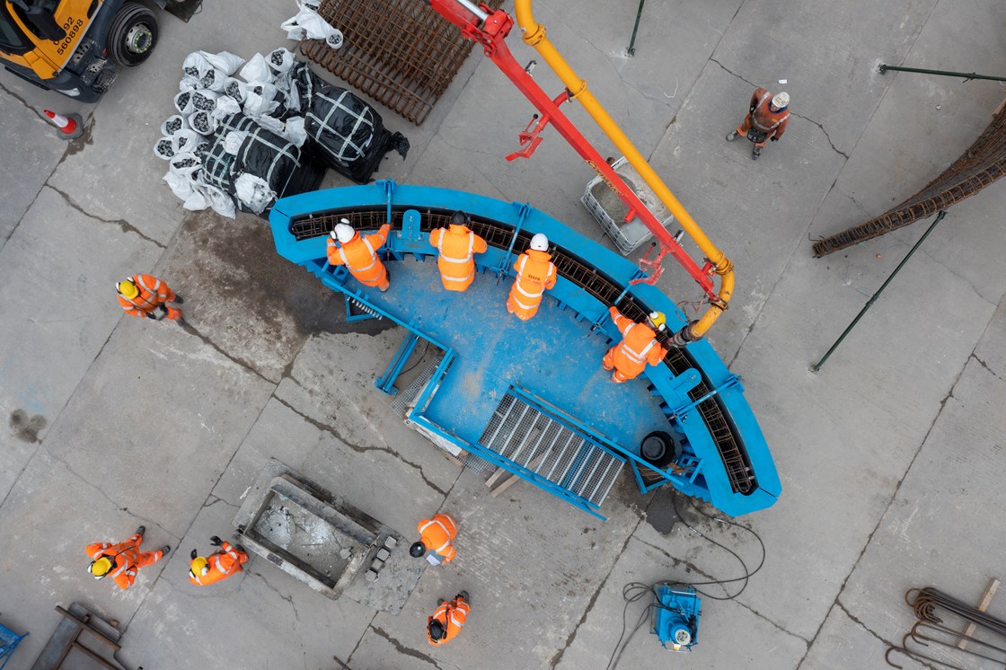 Preparing to cast a tunnel segment at the Stanton factory drone image: Preparing to cast a tunnel segment at the Stanton factory in Ilkeston, Derbyshire.